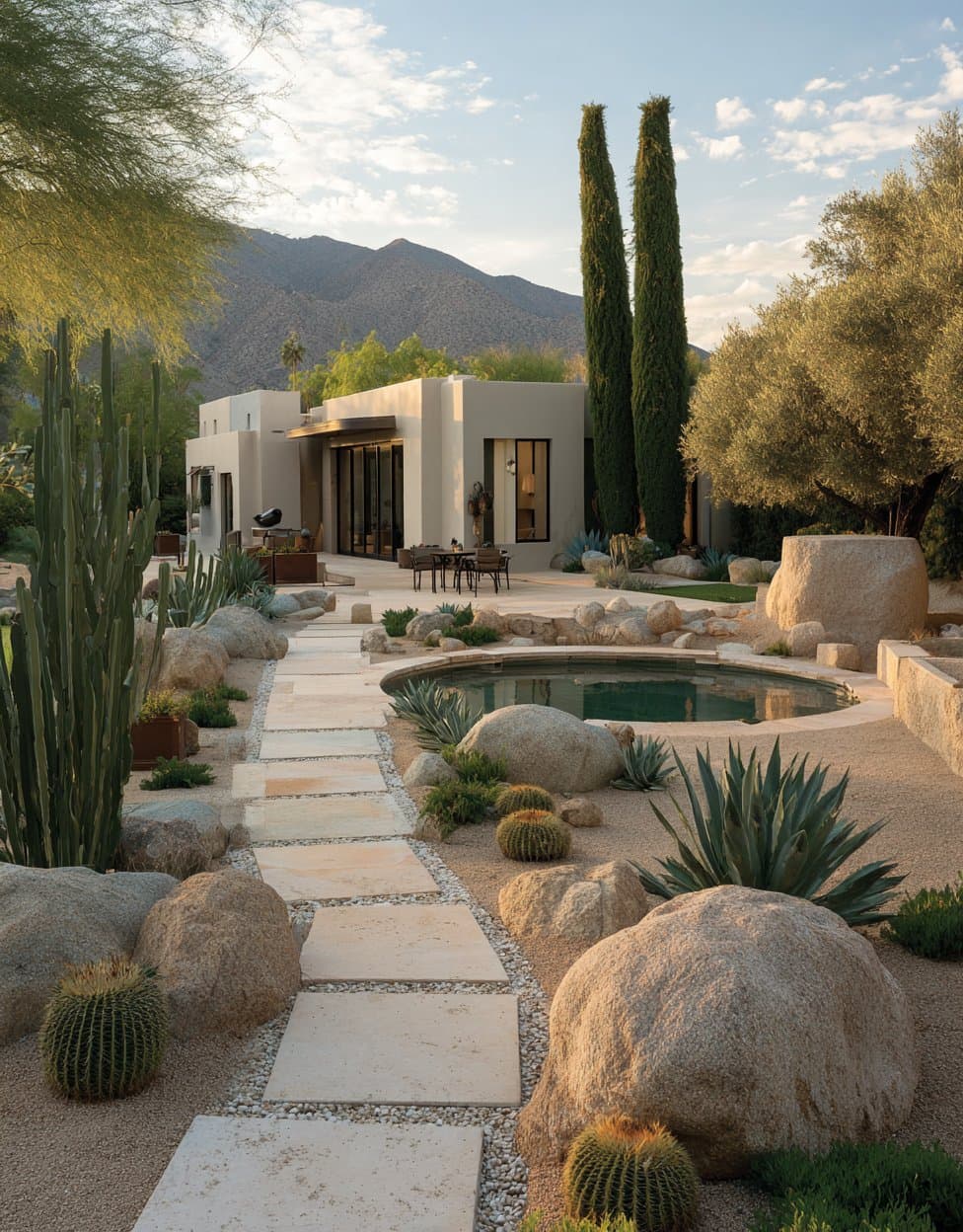 Desert grasses and boulders beside still water on a stone walkway